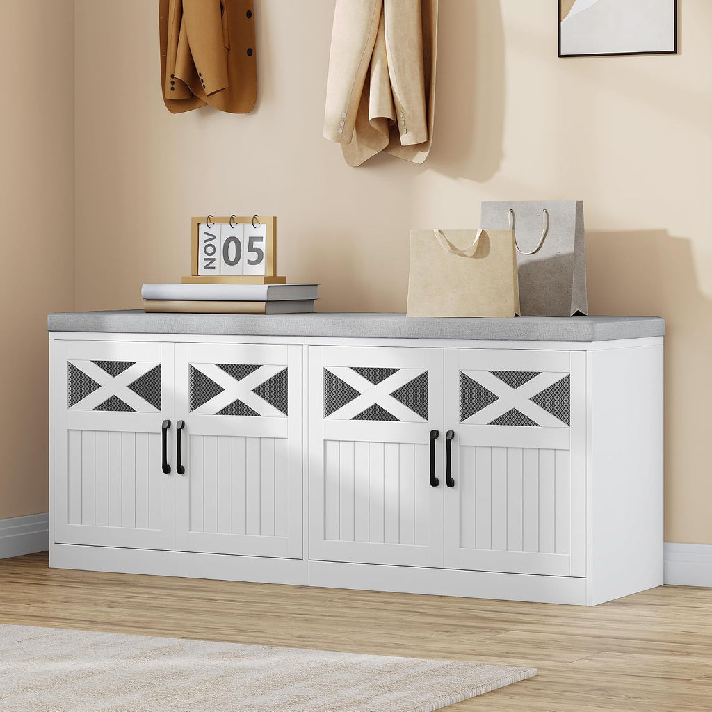 Hzuaneri 47.2" Shoe Storage Bench with 4 Barn Doors & Padded Seat Cushion