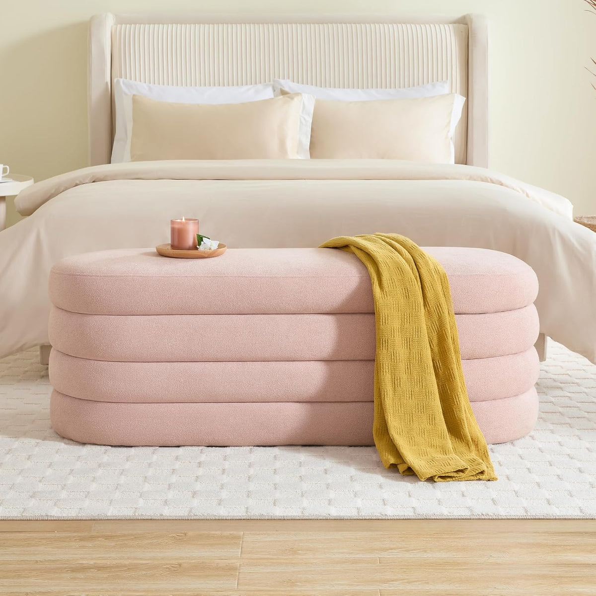 Busaurus Storage Ottoman Bench Upholstered Fabric Storage Bench for Bedroom End of Bed Aesthetic Large Oval Ottoman for Living Room Entryway (Pink)