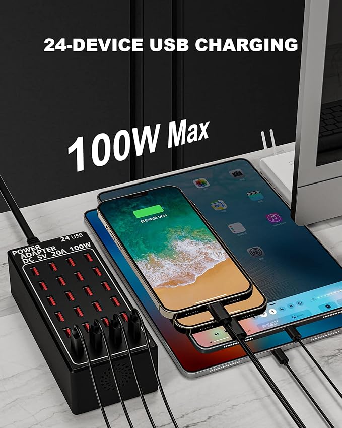 24-Port 100 watt USB Charging Station, Travel Desktop USB Rapid Charger
