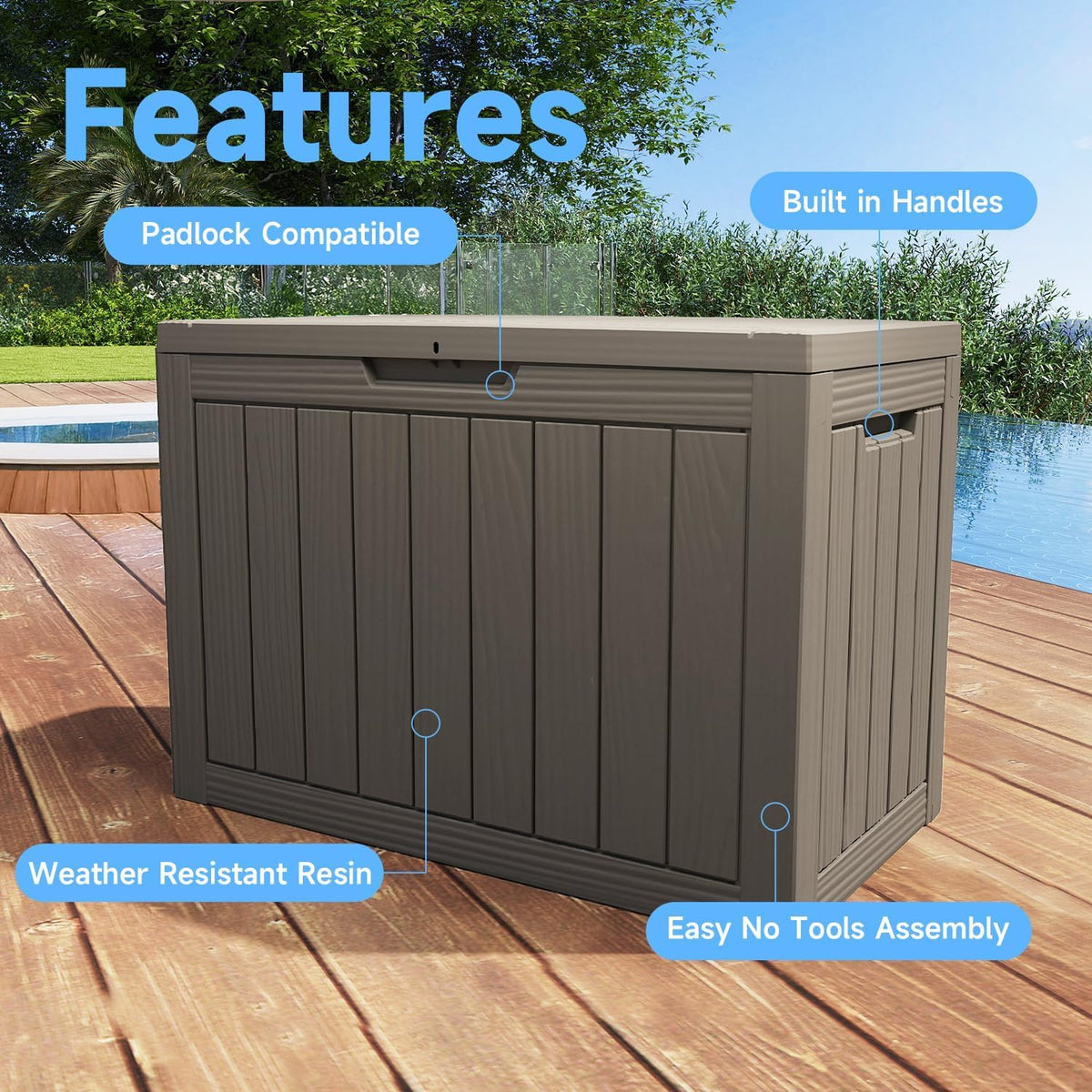 vixzen versatile resin deck box, all weather lockable showing dimensions