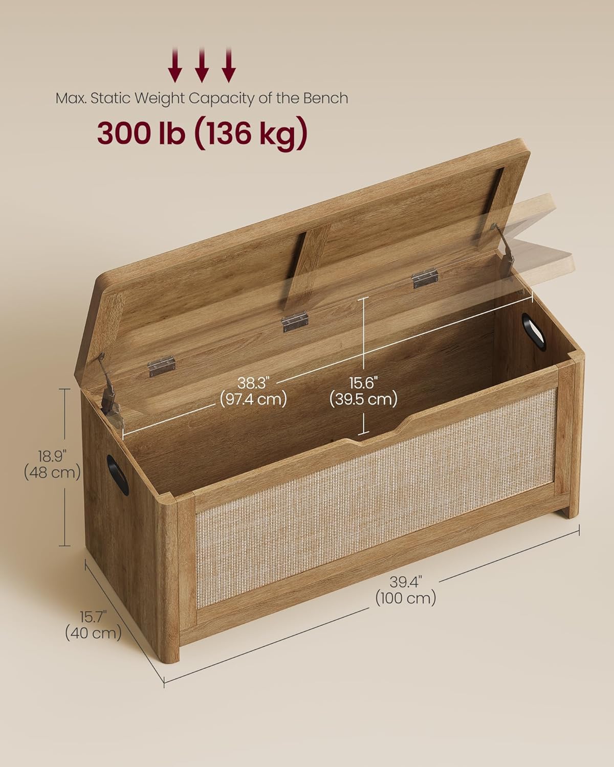 vasagle boho storage bench with rattan look, rounded shown in use