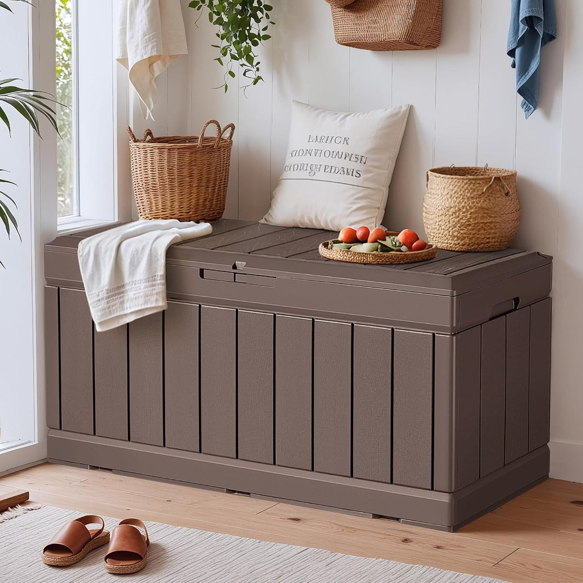 YESHOMY Storage Chest, Entryway Resin Shoe Bench with Hydraulic Bracket Flip Lid, Side Holder, Supports 450 lbs for Bedroom, Living Room, Lockable, Brown