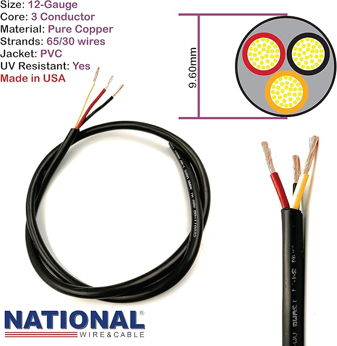 NATIONAL Wire & Cable – 12 AWG 3-Conductor Premium Copper Wire, 25 ft, Stranded