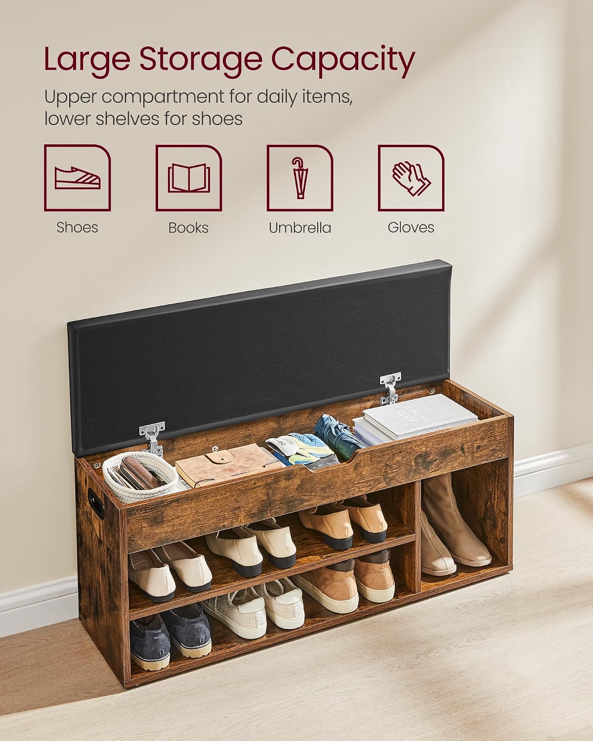 vasagle storage bench with cushion, shoe bench, 11.8 showing dimensions