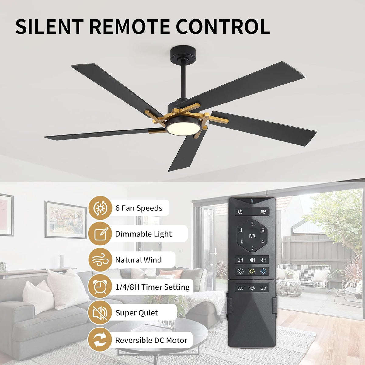 WINGBO 64 Inch Ceiling Fan with Light and Remote, 5 Plywood Blades, 6-Speed Reversible DC Motor, Dimmable, 3CCT, Modern Ceiling Fan for Bedroom Living Room Kitchen, Gold and Black