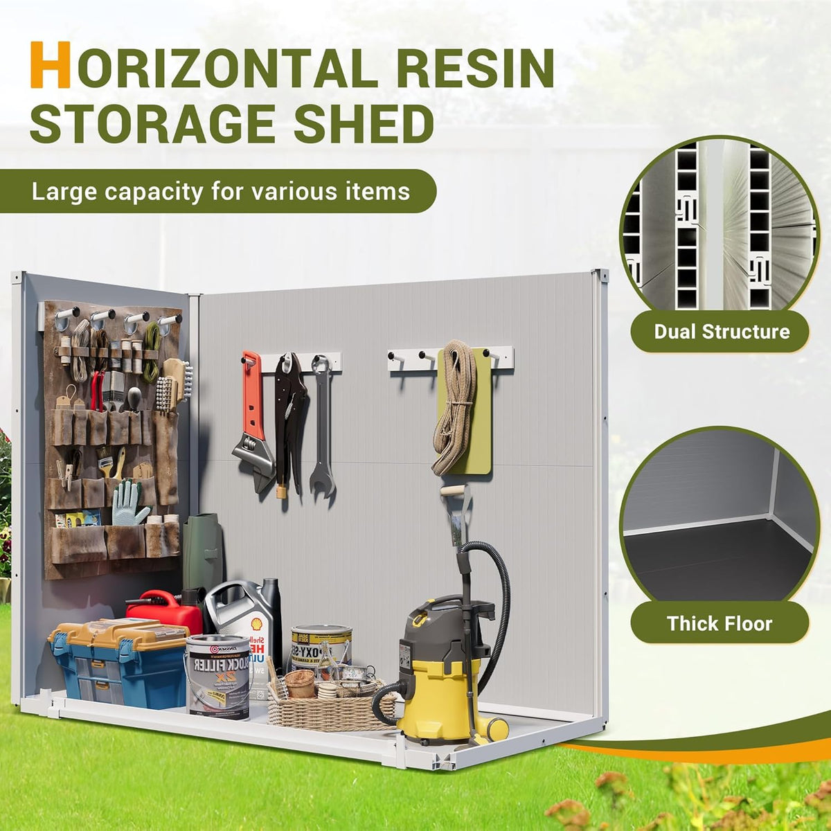 41 cu.ft storage shed outdoor horizontal resin shed shown in use