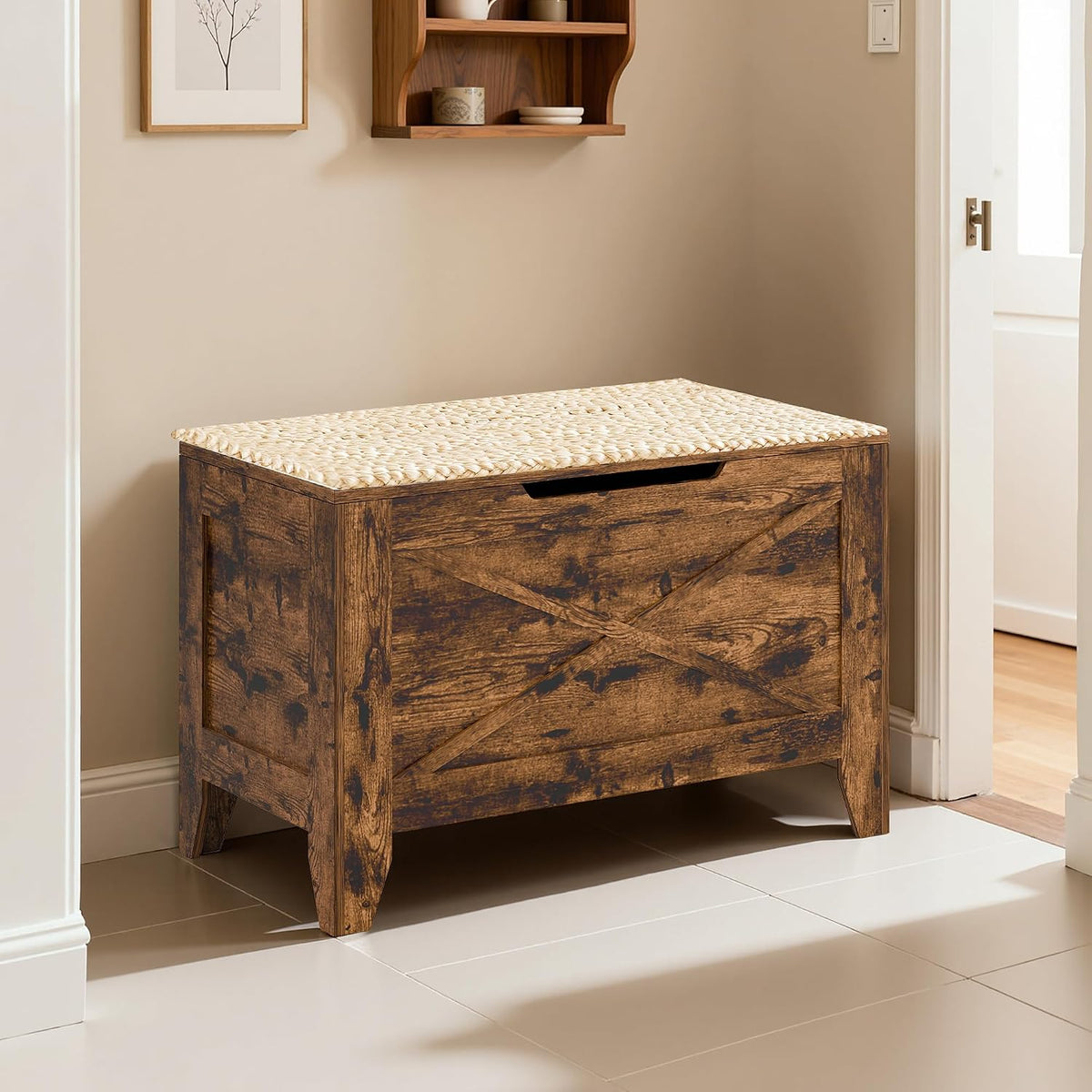 vecelo 30" storage bench with handwoven wicker cushion, close-up detail