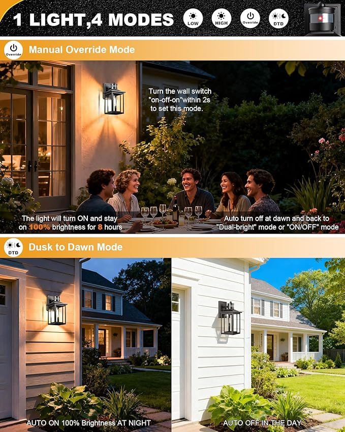 LTBLIGHT Motion Sensor Dusk to Dawn Outdoor Light, 4-Modes Adjustable Black