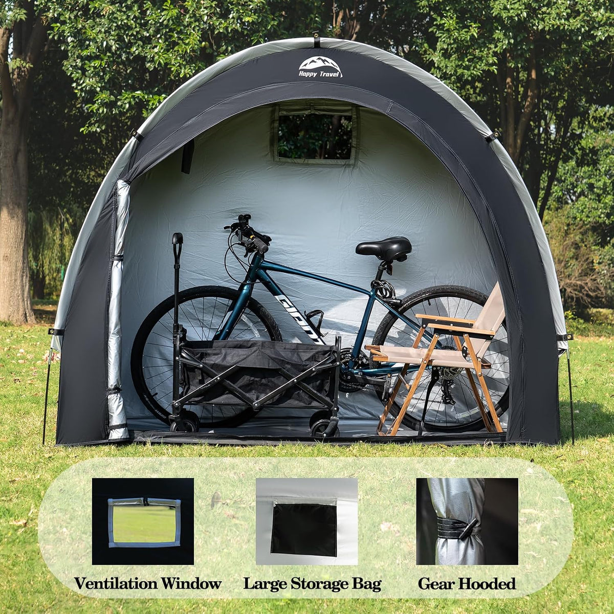 happy travel outdoor waterproof bike storage tent shed showing dimensions