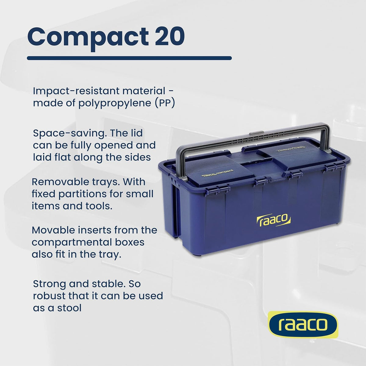 raaco tool box with removable trays - 66, close-up detail