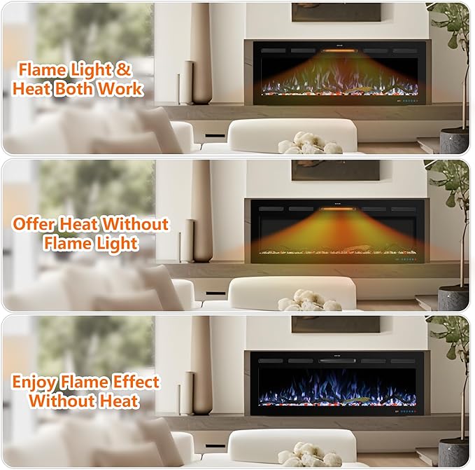 48" WiFi Electric Fireplace Inserts, Recessed and Wall Mounted Fireplace Heater
