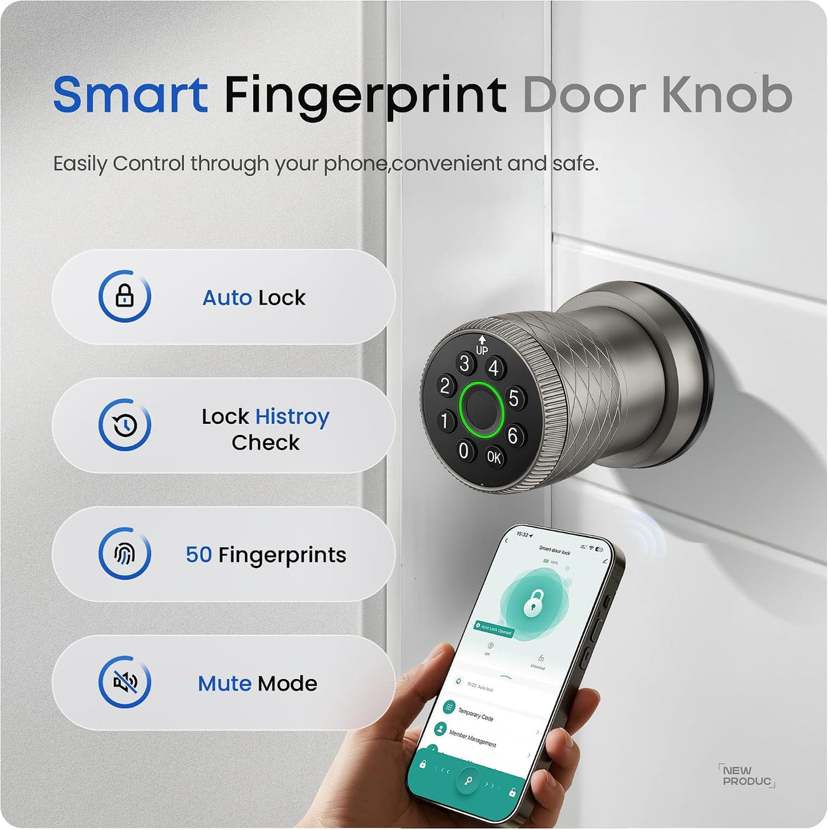keypad door lock with knob, smart keyless entry on a desk or shelf
