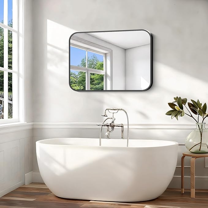 Black Bathroom Mirror, 28x42 inch Aluminum Metal Frame Rectangular Vanity Mirror