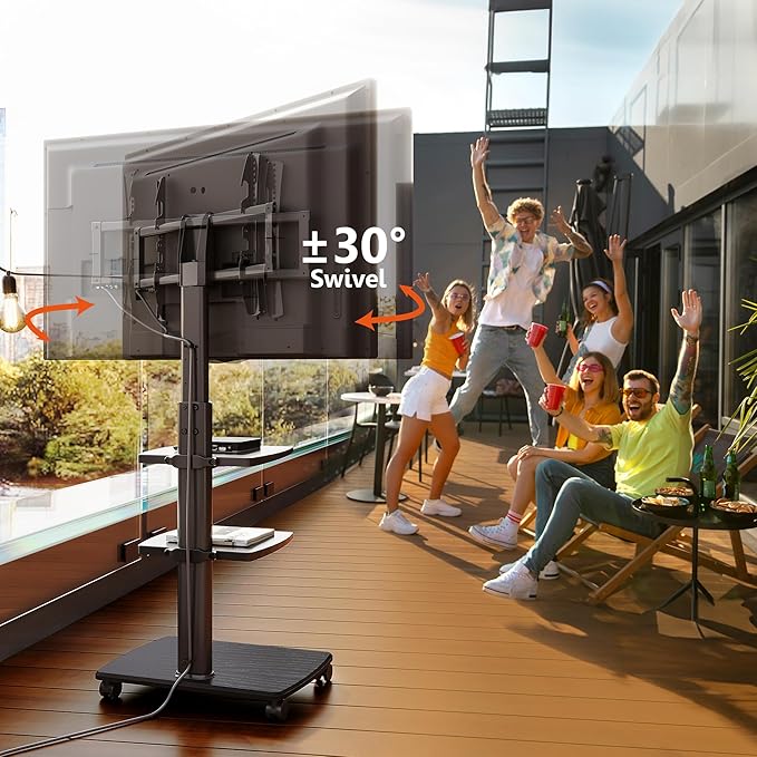 FITUEYES Swivel Rolling TV Stand, Height Adjustable Mobile TV Cart