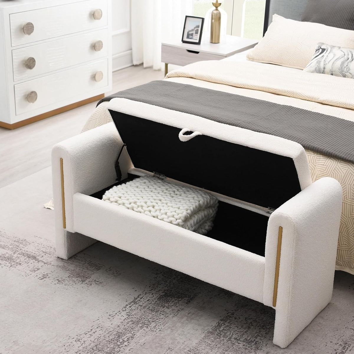christopher knight home upholstered storage ottoman, teddy fabric, close-up detail