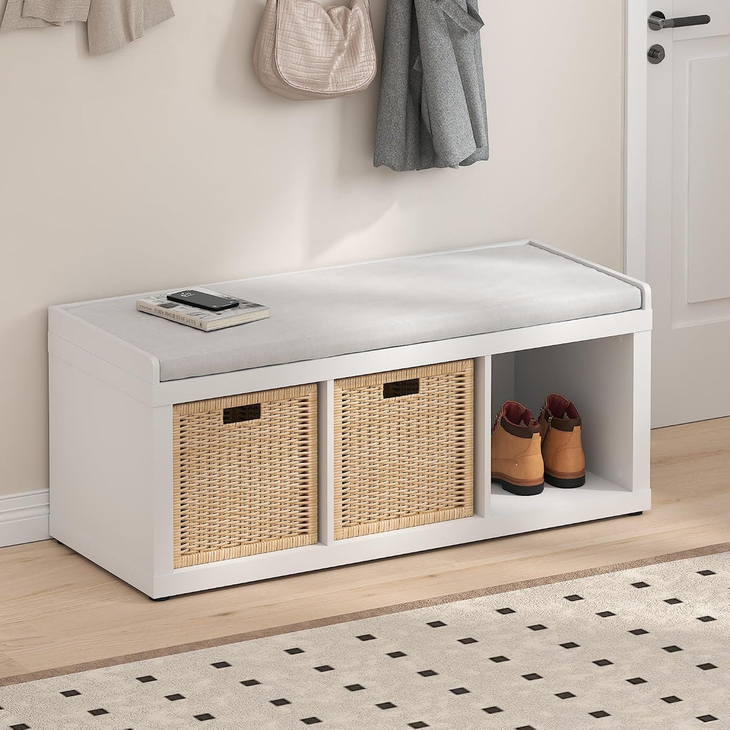 furinno cubicle storage bench, shoe bench with padded shown in use