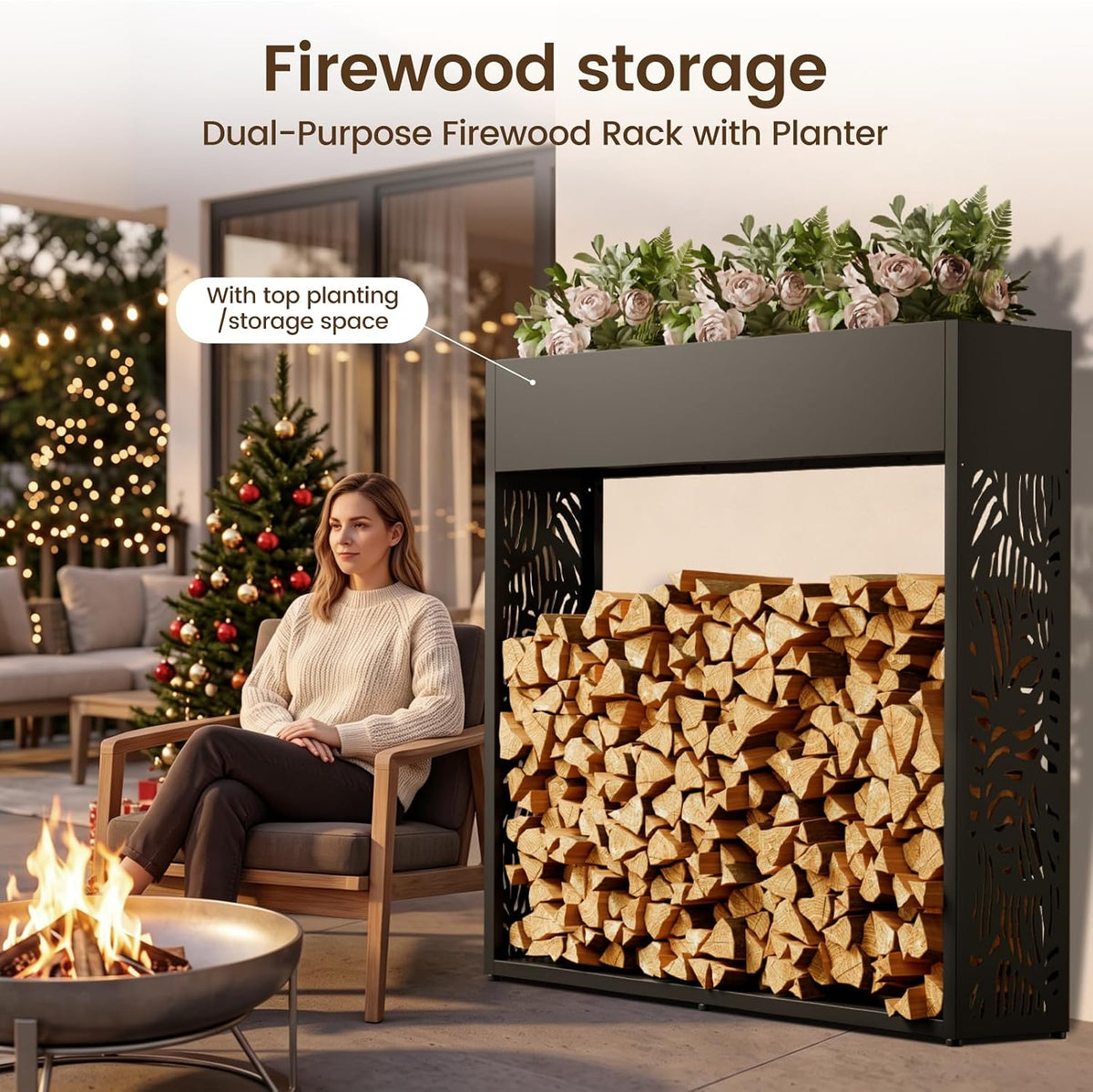 4ft firewood rack outdoor, fire wood log storage, close-up detail