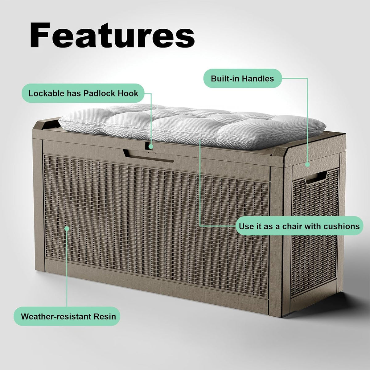 70 gallon outdoor deck box, resin waterproof storage, close-up detail