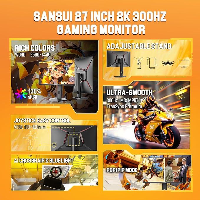 SANSUI 27 inch 1440p 300Hz 240Hz Gaming Monitor, WQHD Fast IPS 1ms Computer