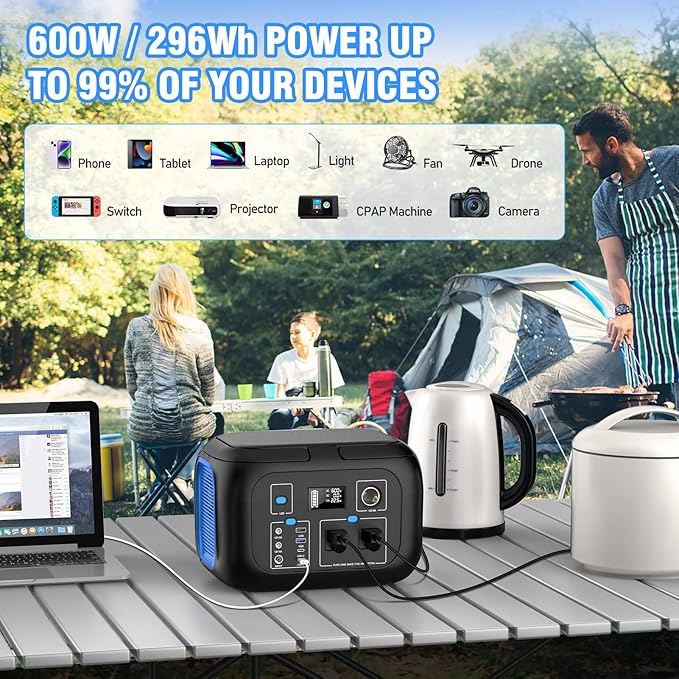 Portable Power Station 600W Power Bank 296Wh Solar Generator Lithium Battery