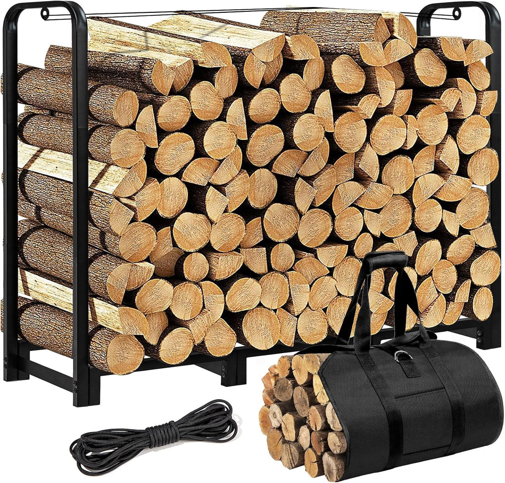 Firewood Rack with Log Carrier, 4FT Outdoor Wood Rack for Firewood, Heavy Duty Firewood Log Rack for Fireplace Fire Pits
