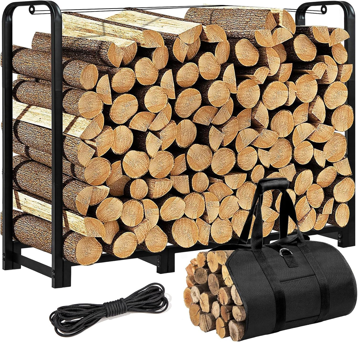 Firewood Rack with Log Carrier, 4FT Outdoor Wood Rack for Firewood, Heavy Duty Firewood Log Rack for Fireplace Fire Pits