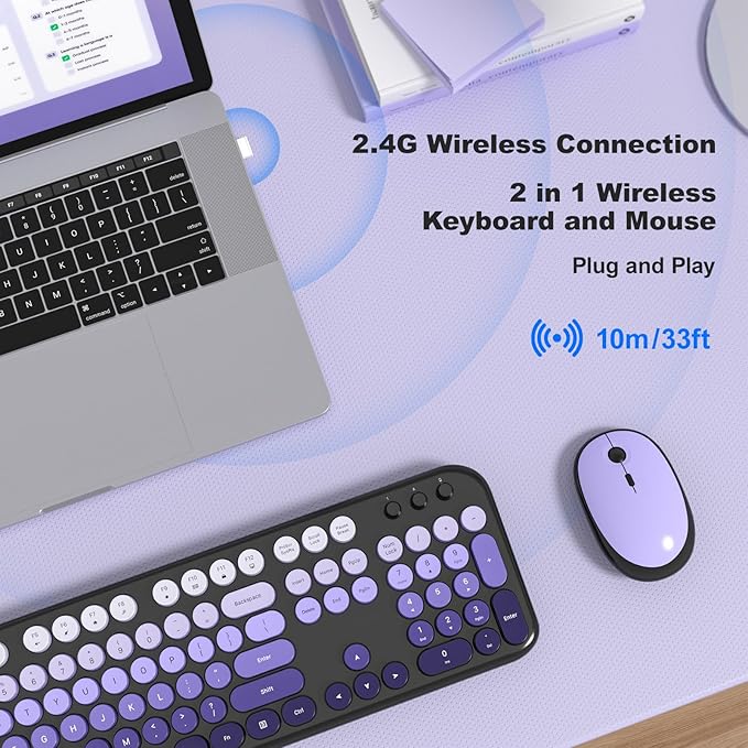 MOFII Wireless Keyboard and Mouse Combo, Full Size 2.4G Retro Round Computer