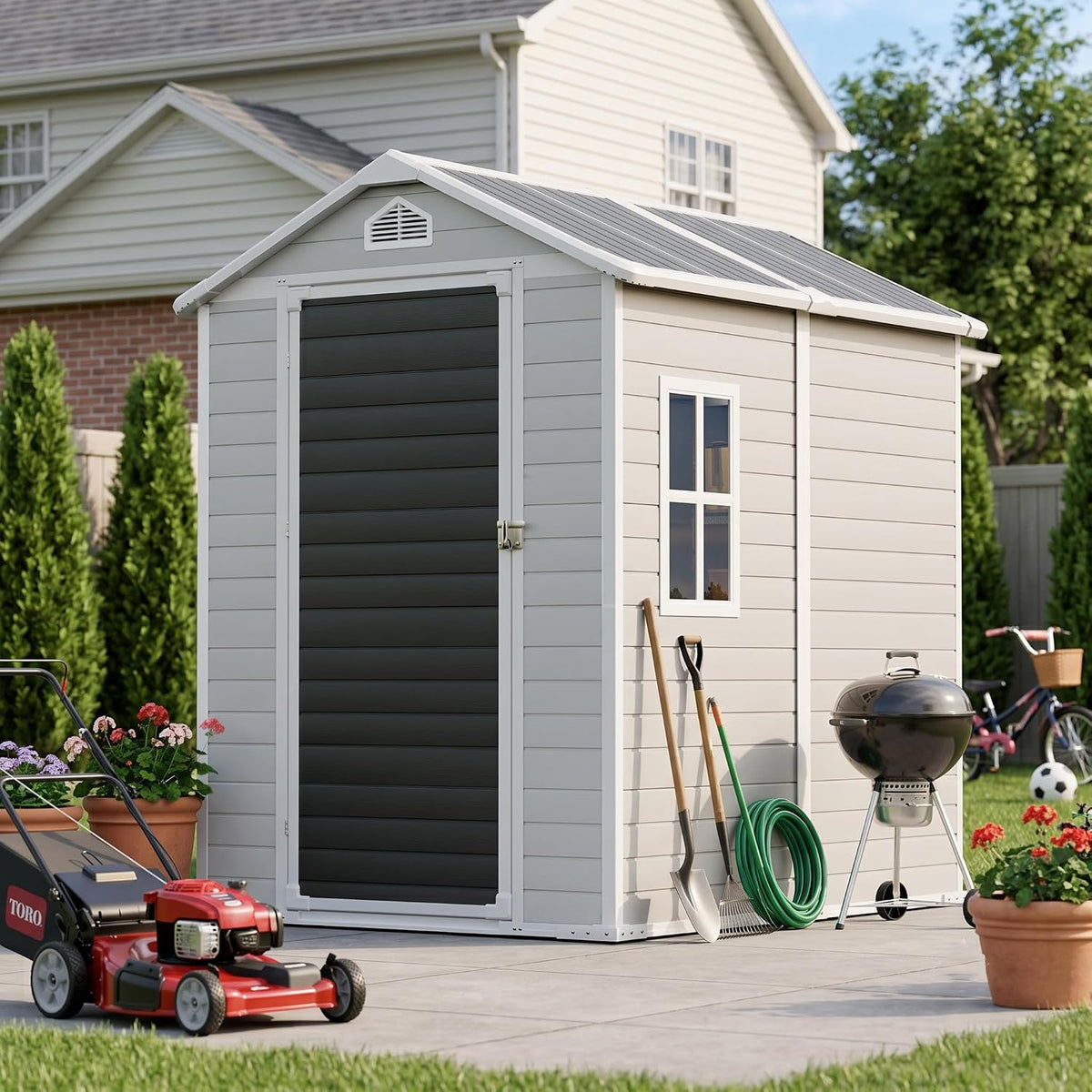 restland 4x6 ft resin storage shed with floor shown in use