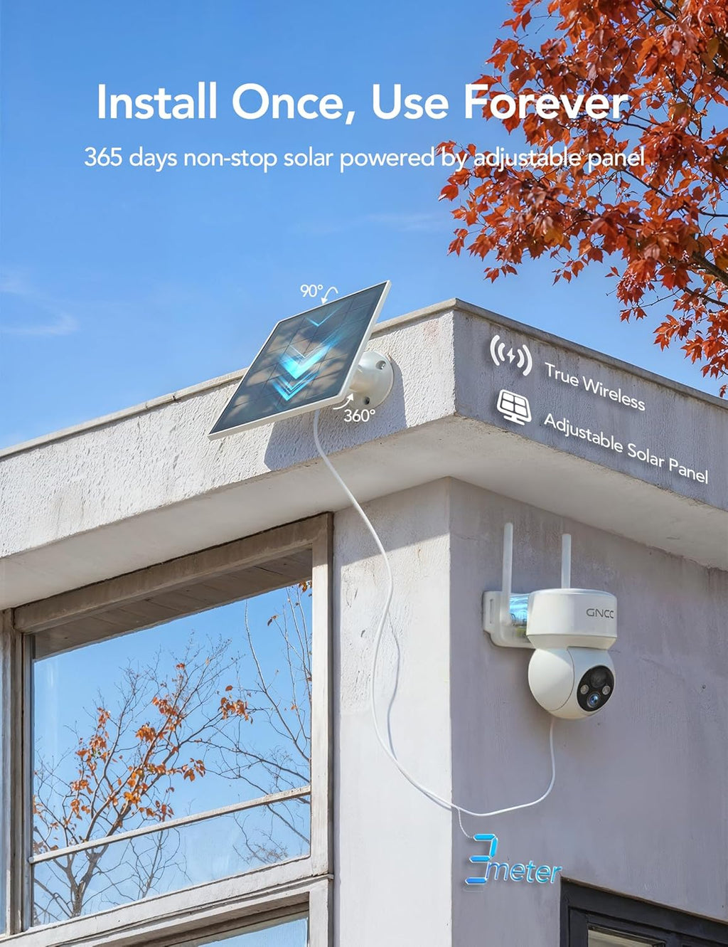 GNCC Solar Security Cameras Wireless Outdoor 2.4G WiFi, SD/Cloud Storage