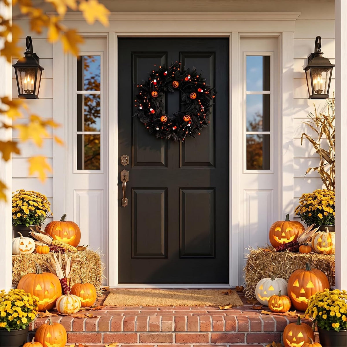 Pumpkin Halloween Wreath 24 Inch Black Maple Leave Wreaths for Front Door with Ghost Pumpkin Orange Berries for Indoor Window Wall Halloween Party