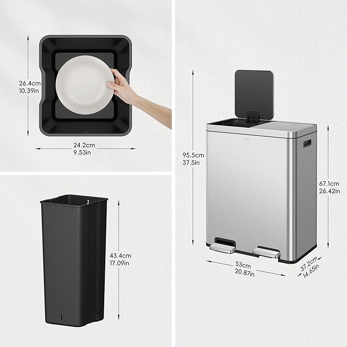 EKO Edison Dual Trash Can for Recycling and Trash, 8+8 Gallons Kitchen Garbage