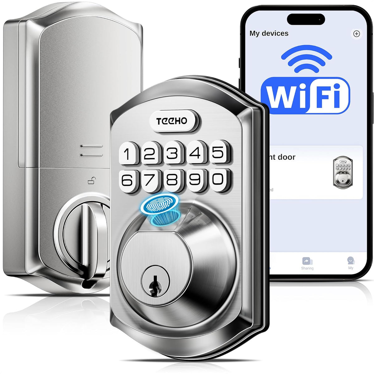 TEEHO TE012W WiFi Fingerprint Smart Door Lock for Front Door, Satin Nickle