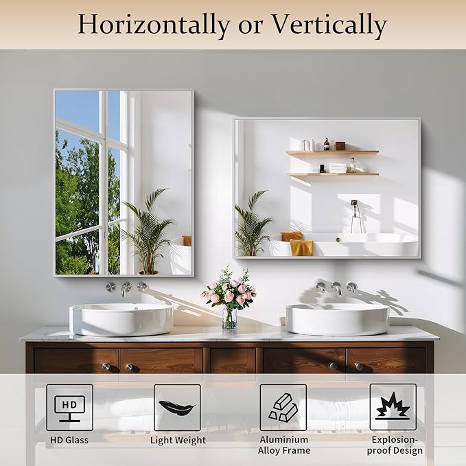 Silver Bathroom Mirror for Wall, 24x32 Inch Rectangle
