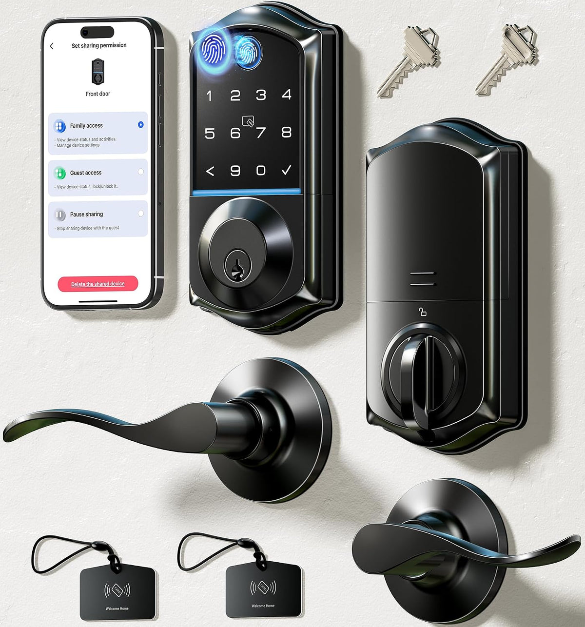Veise VE017-L Fingerprint Smart Lock with 2 Lever Handle Set, Matte Black
