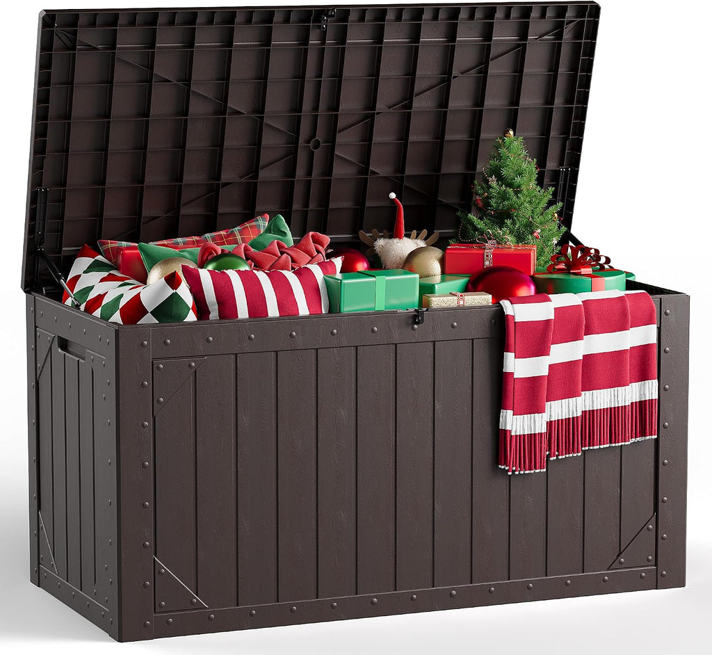 outdoor storage box, 98 gallon deck box, outdoor shown in use
