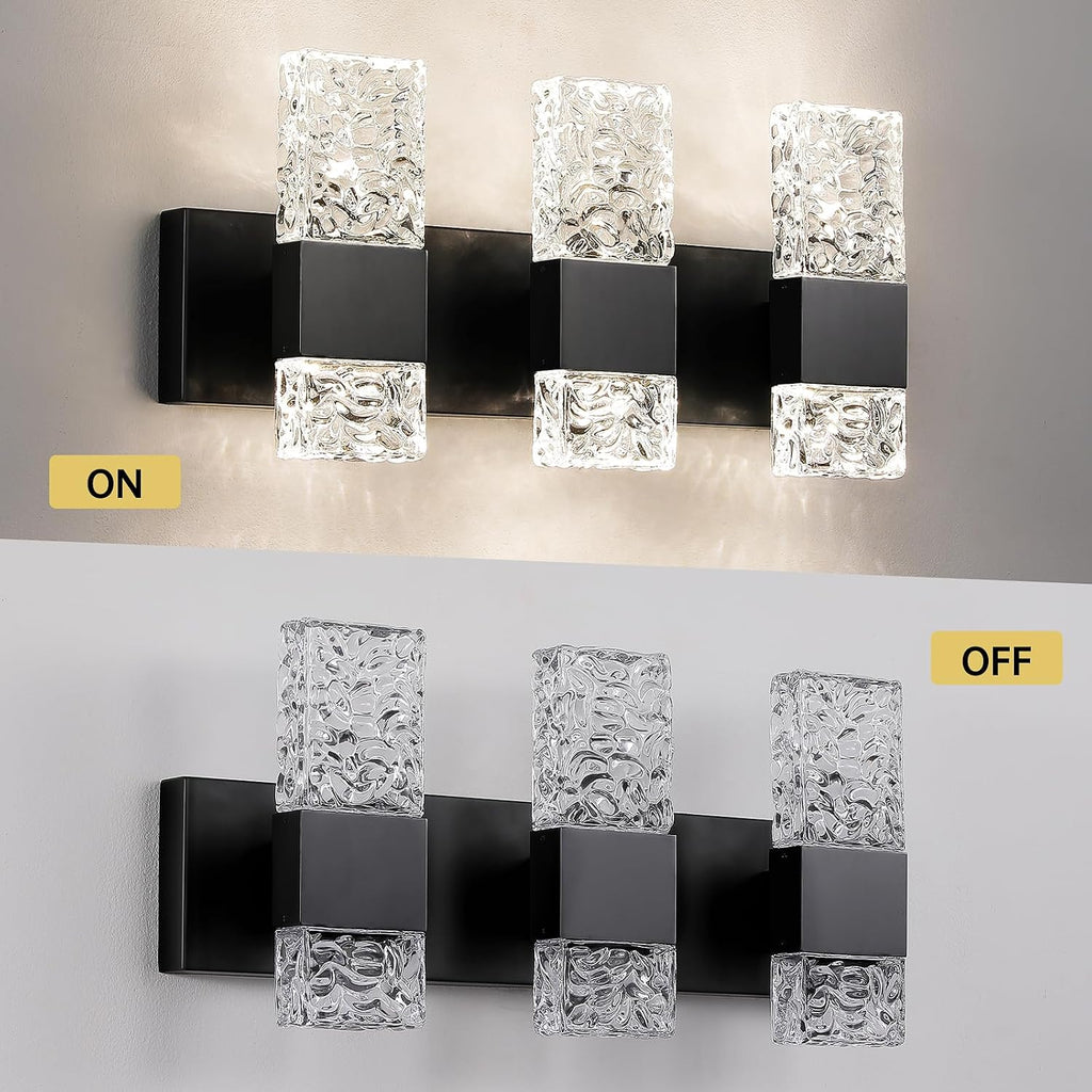 Epinl 3-Light Modern Bathroom Light Fixtures, 30W Black LED Vanity Lights Over Mirror with Water Ripple Glass Shade, Crystal Wall Sconces 4000K Dimmable Vanity Lighting for Bathroom