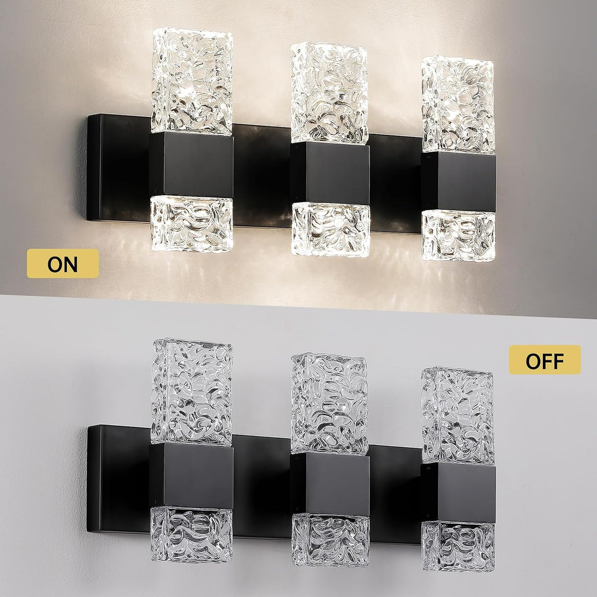 Epinl 3-Light Modern Bathroom Light Fixtures, 30W Black LED Vanity Lights Over Mirror with Water Ripple Glass Shade, Crystal Wall Sconces 4000K Dimmable Vanity Lighting for Bathroom
