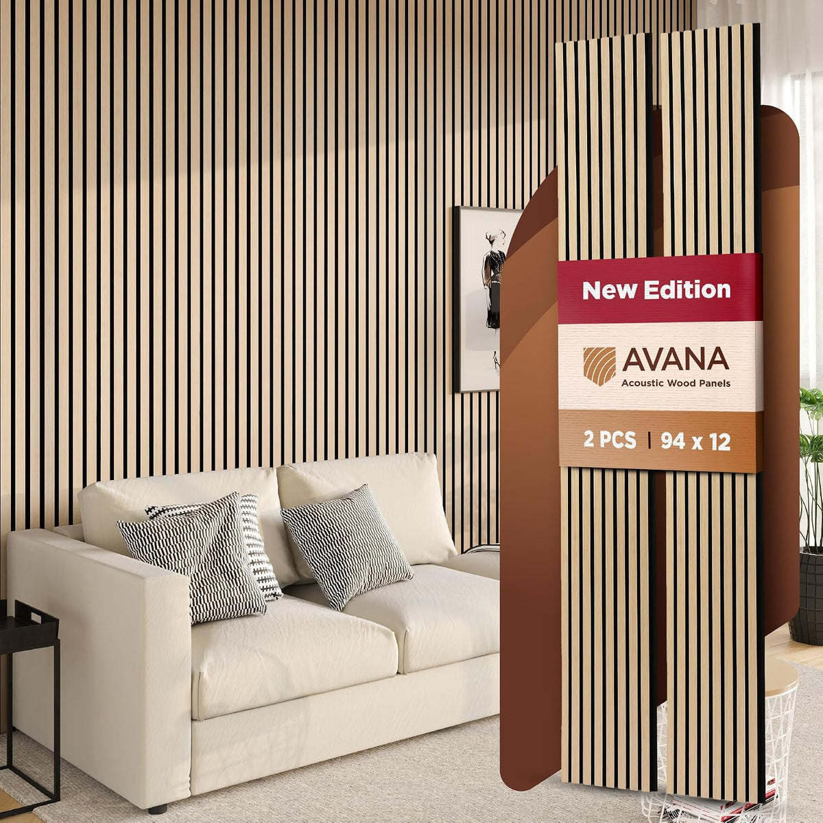 Avana Acoustic Wood Wall Panels – 94.4 x 12.6 Inch White Oak Acoustic Panels 2 (2 PCs)