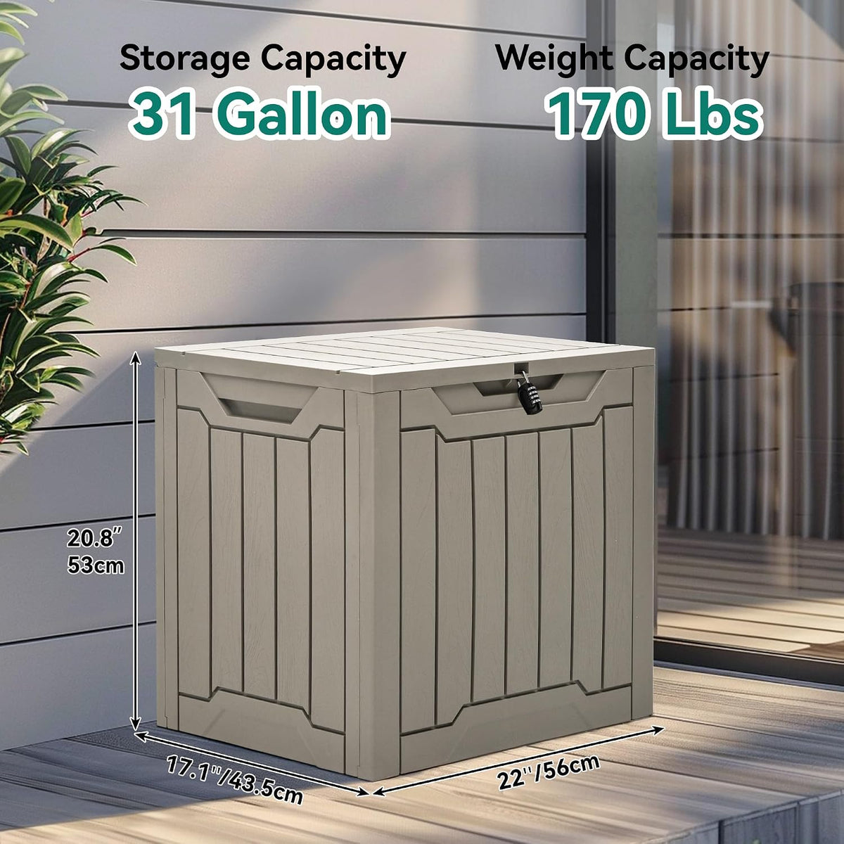 YITAHOME Outdoor Resin Storage Box 31 Gal, Water-resistant Patio Deck Box Outdoor Storage Box for Pillows, Garden Equipment, Securely Lockable, Light Brown