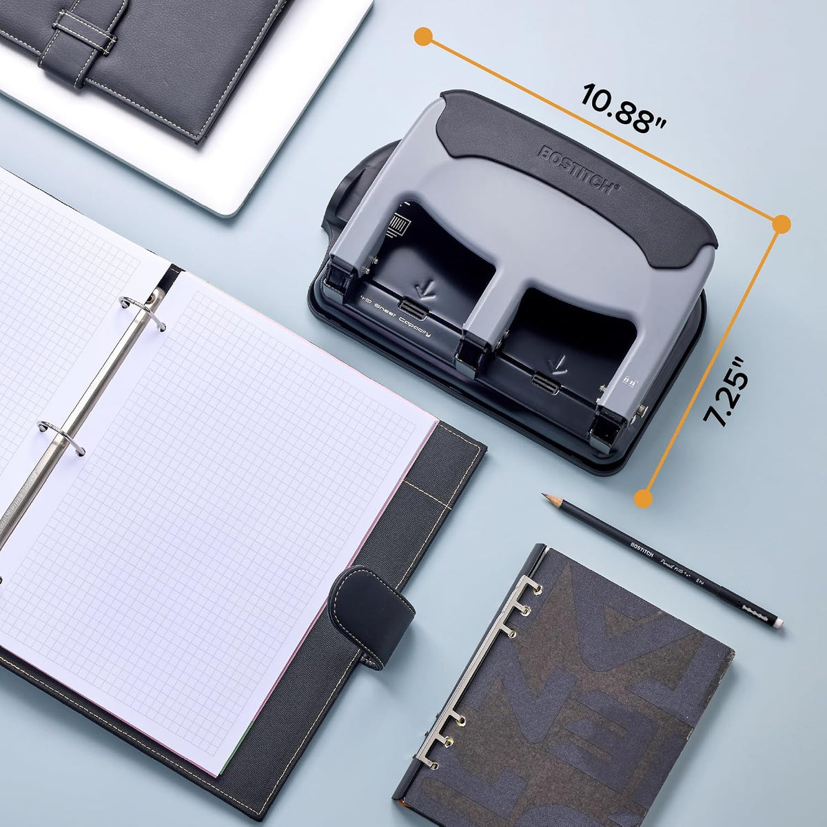 Bostitch EZ Squeeze 3 Hole Paper Punch, 40 Sheet Capacity, Heavy Duty Metal Office Hole Puncher with Chip Tray, Non-Slip Base & Paper Guide, 9/32" Holes for Binders, School & Home Office