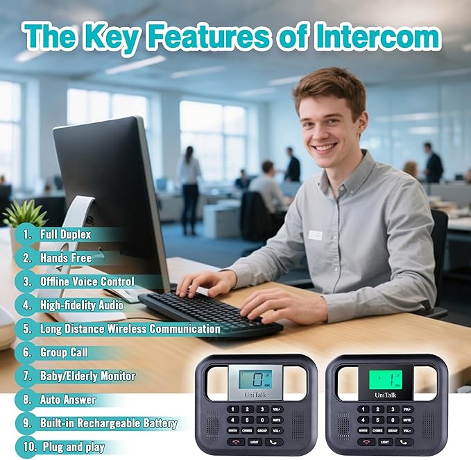 UniTalk Wireless Intercoms for Home & Office, Two-Way Real-time Full-Duplex