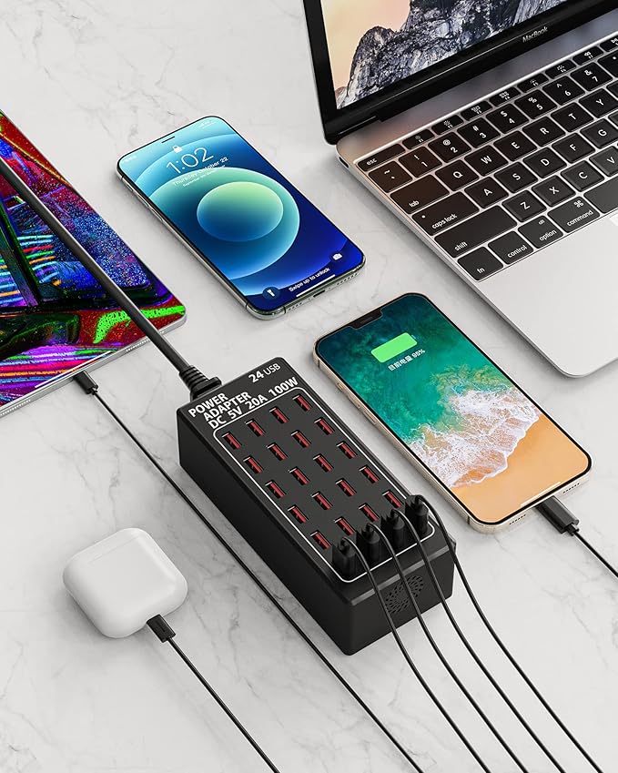 24-Port 100 watt USB Charging Station, Travel Desktop USB Rapid Charger