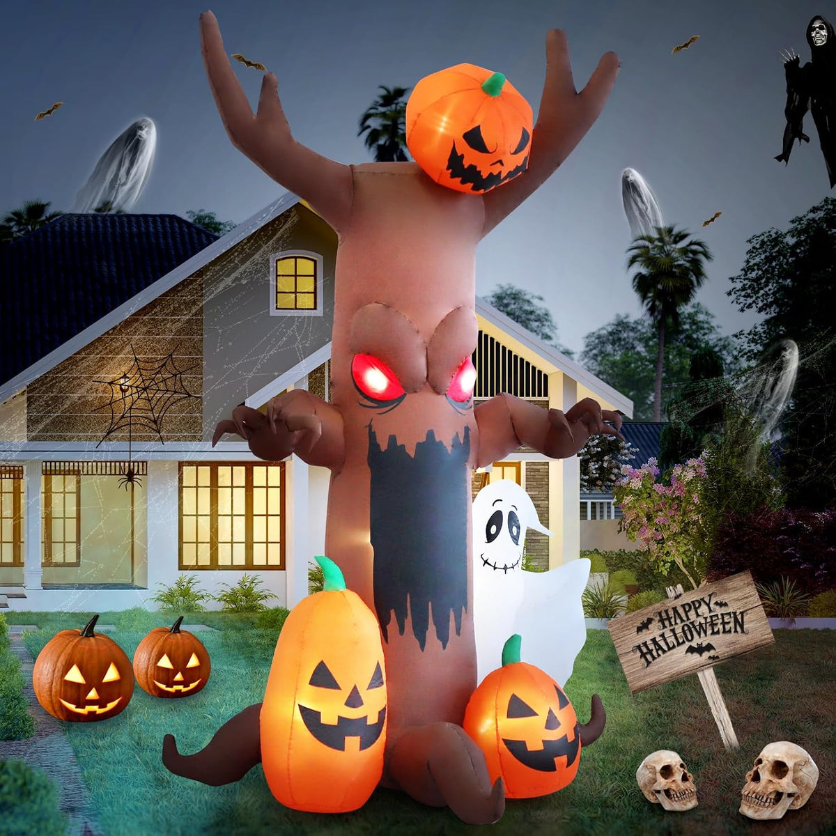 9 FT Ghost Pumpkin Tree Halloween Inflatable Decoration with LED Lights for Outdoor Patio, Garden, Lawn - Holiday Decor
