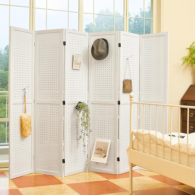 Pegboard Display, 5.6Ft Wooden Room Divider Folding Privacy Screens Portable