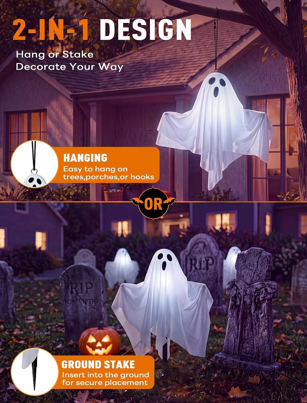Halloween Ghost Pathway Lights, 4 Pack LED Yard Stake Lights Outdoor Decor