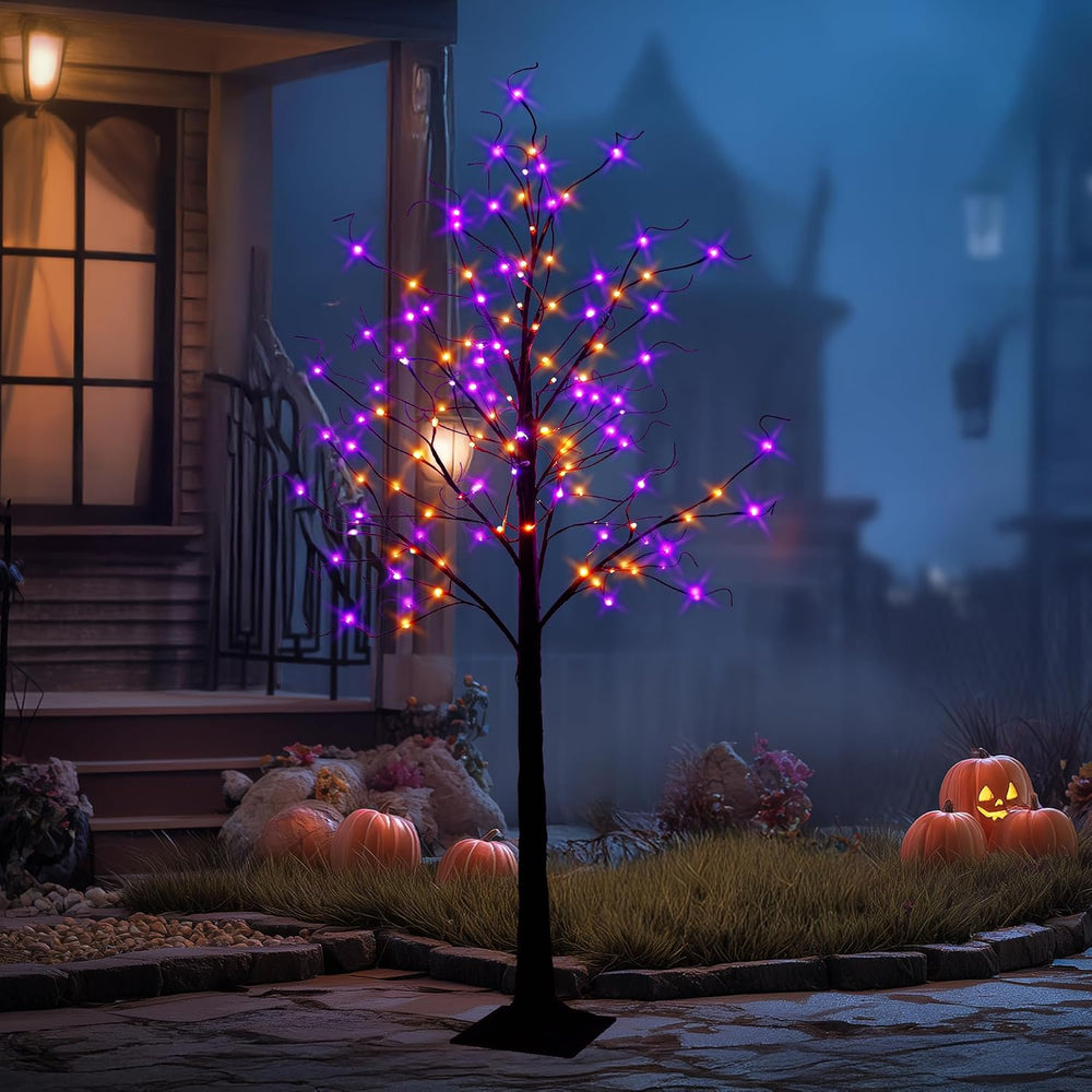 TW SHINE 6FT Halloween Lighted Black Birch Tree, 144 LED Purple and Orange Li...