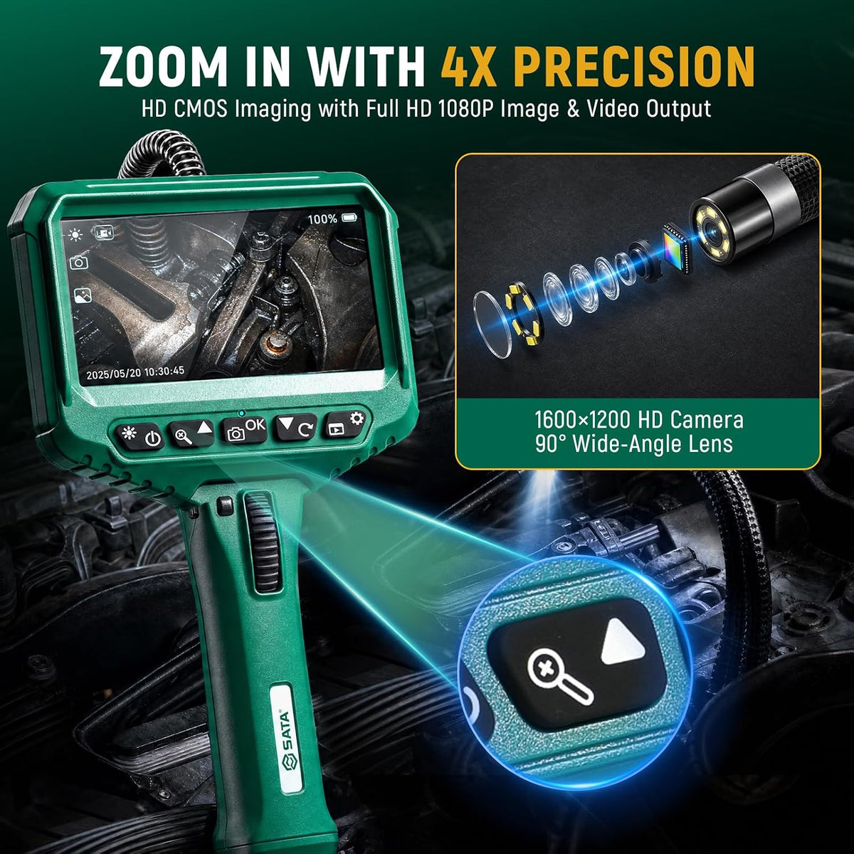 sata articulating borescope camera with light, 210° two-way, close-up detail