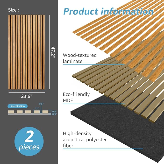 Art3d 2-Pack Acoustic Wood Slat Wall Panels