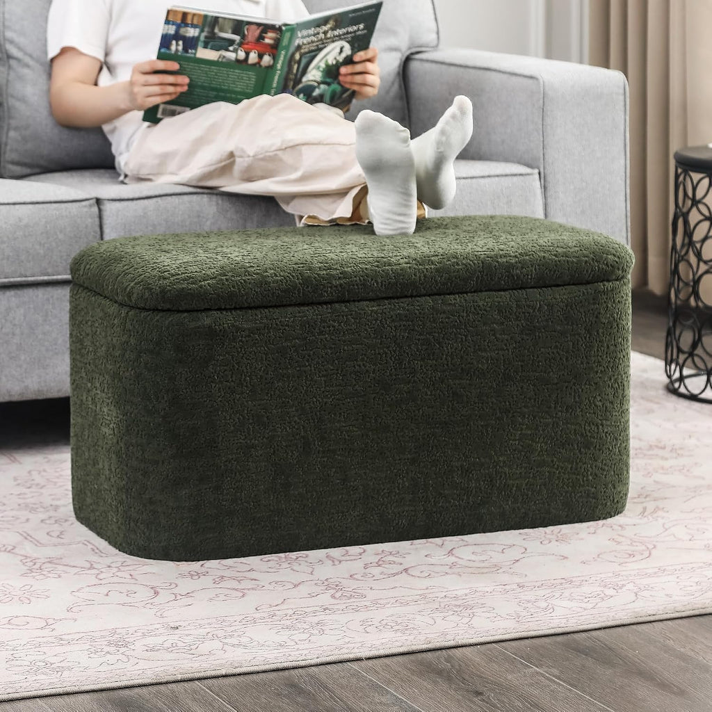 Rectangle Storage Ottoman Bench, 31.8" L x 16.1" W x 16.3" H, Modern Fabric, Green