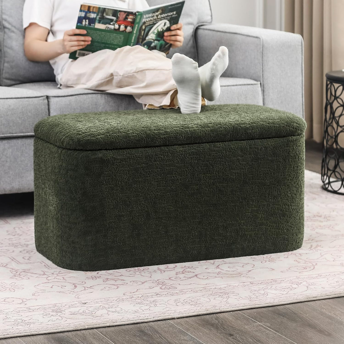 Rectangle Storage Ottoman Bench, 31.8" L x 16.1" W x 16.3" H, Modern Fabric, Green